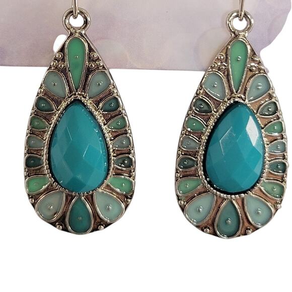 2 Pair Earring Set Teal Blue Flower Stud & Drop Dangle Boho Festival Retro Style - Picture 6 of 9